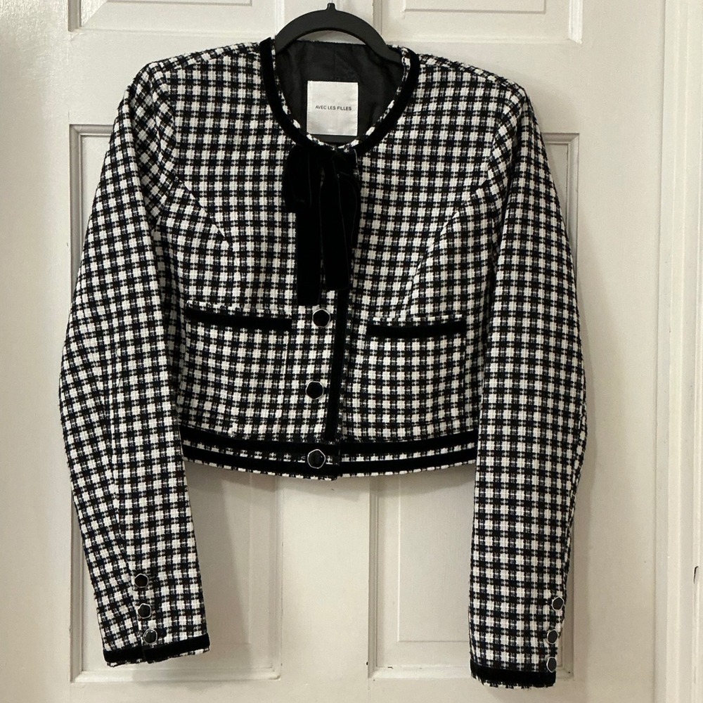 Avec Les Filles Cropped Velvet Bow Tweed Jacket S Dark Academia Classic Office